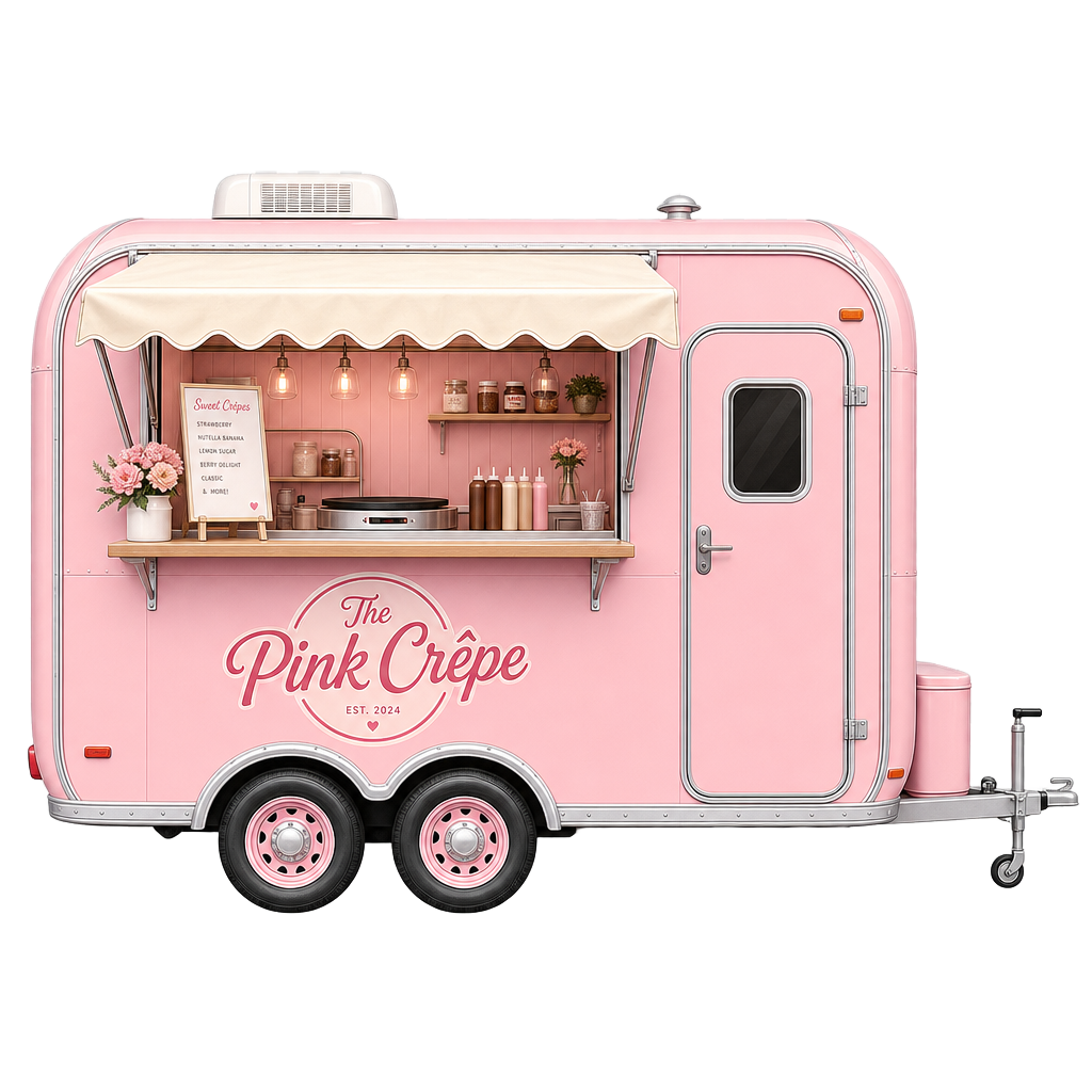 The Pink Crepe pink catering trailer with cream awning